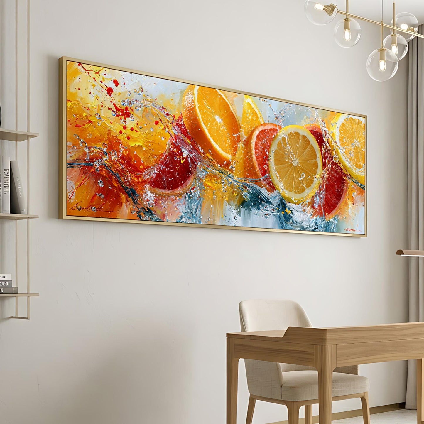 a large, colorful painting of oranges hanging on a wall in a room.