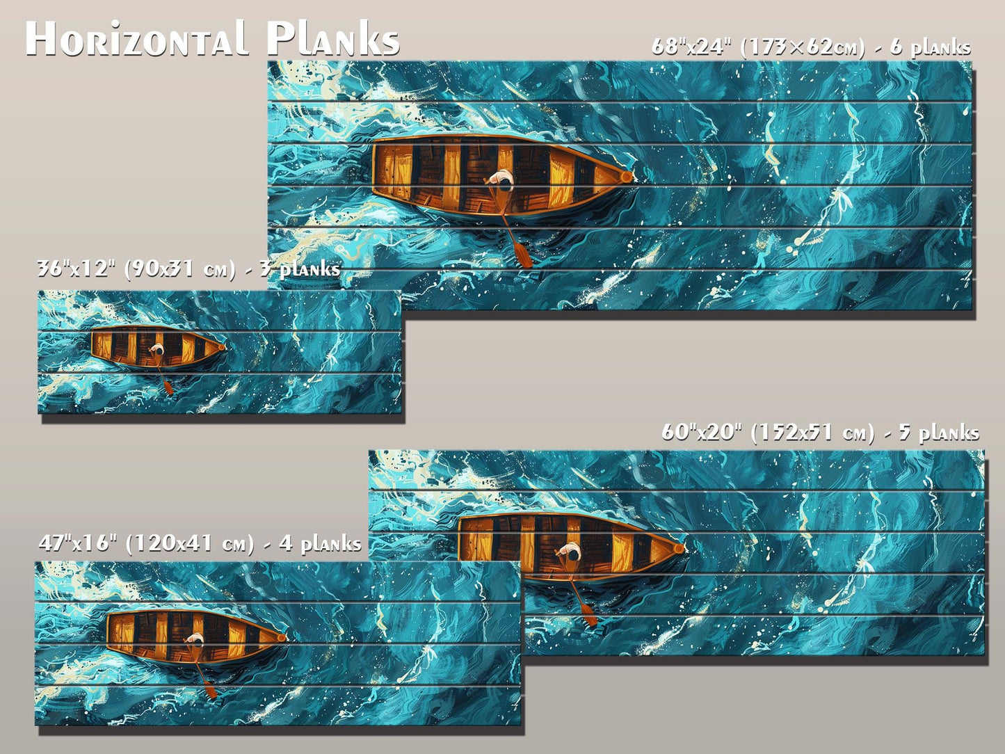 Wood Wall Art – Overhead Rowboat Print on Natural Wood Planks | Colorful Rustic Decor