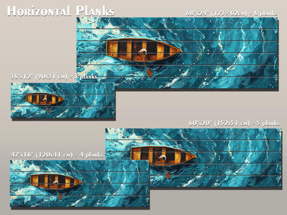 Wood Wall Art – Overhead Rowboat Print on Natural Wood Planks | Colorful Rustic Decor
