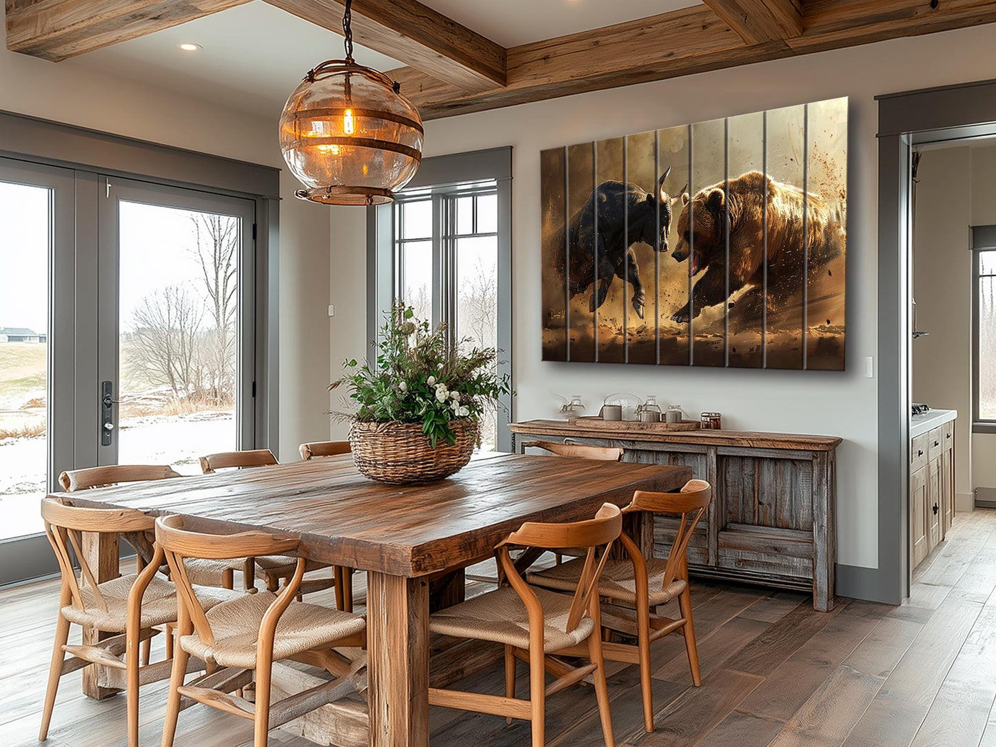 Rustic Wood Wall Art – Bull and Bear Art on UV Printed Wood for Trader Office Decor