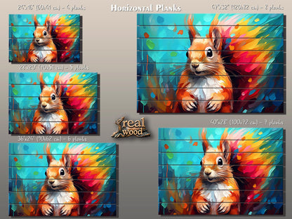 Wood Wall Art - Colorful Squirrel Abstract Painting on Natural Wood Planks