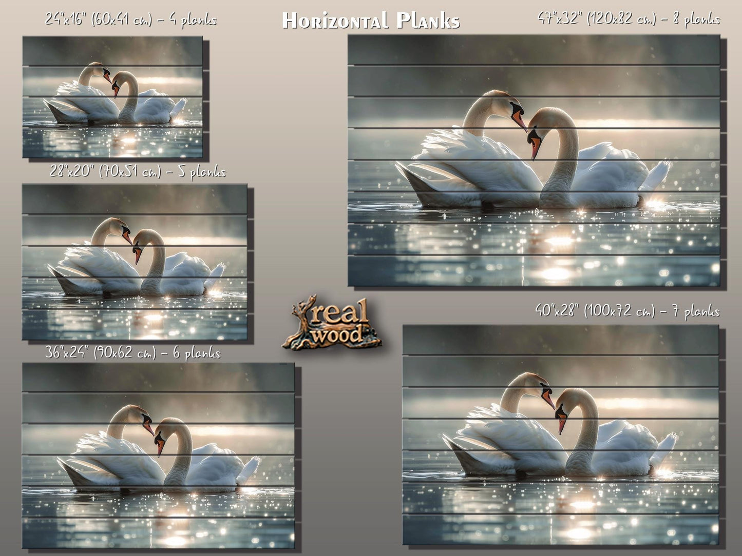 Wood Wall Art - Swans Couple Painting on Natural Wood Planks | Romantic Anniversary Gift