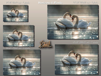 Wood Wall Art - Swans Couple Painting on Natural Wood Planks | Romantic Anniversary Gift
