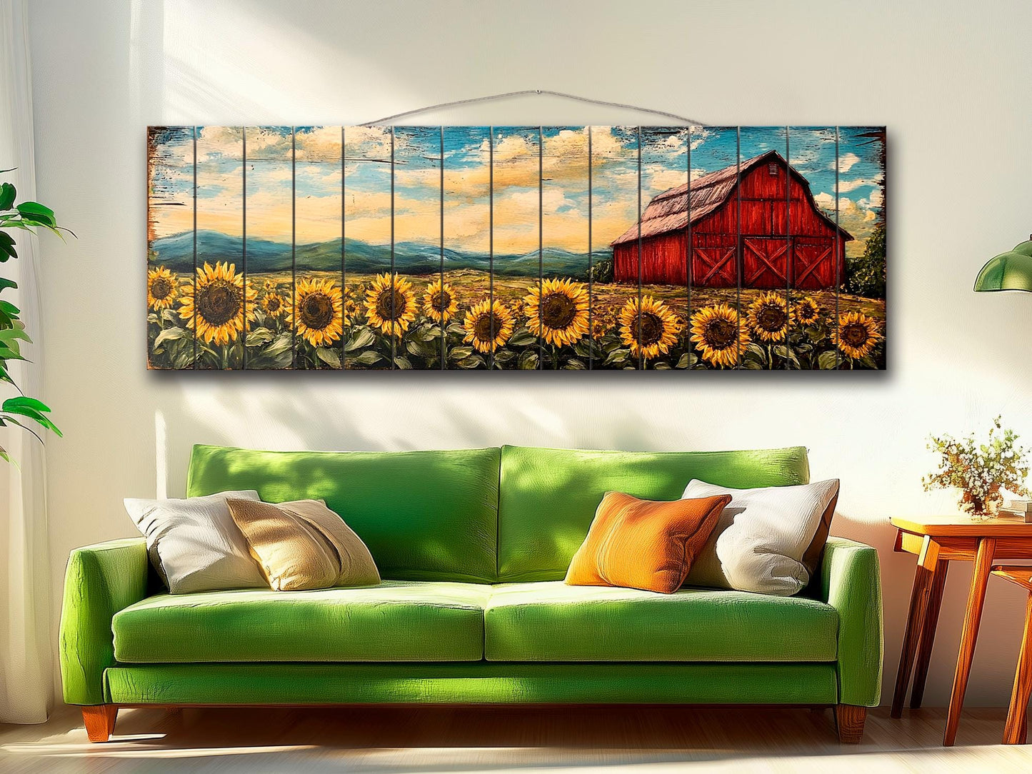 Rustic Wooden Wall Art – Old Red Barn on Sunflowers Field Print, Natural Wood Decor