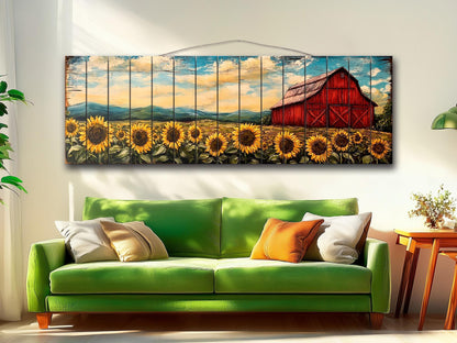 Rustic Wooden Wall Art – Old Red Barn on Sunflowers Field Print, Natural Wood Decor