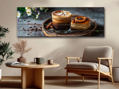 Rustic Kitchen Wall Art – Coffee Cinnamon Print on Natural Wood Plank Decor