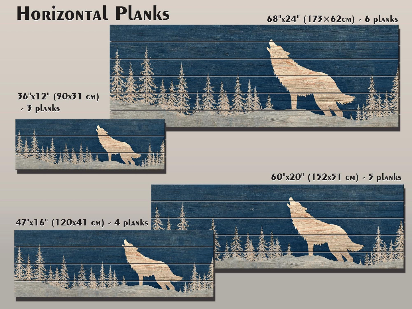 Wolf Silhouette in Snowy Forest Print on Natural Wood, Rustic Howling Wolf Wall Art