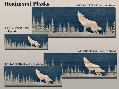 Wolf Silhouette in Snowy Forest Print on Natural Wood, Rustic Howling Wolf Wall Art