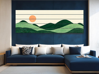 Minimalist Landscape Print on Wood, Boho Hills and Sun Wall Art