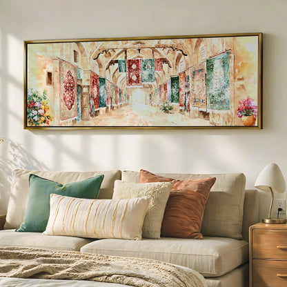 a large painting of a hallway with colorful tapestries hanging on the walls, displayed on a wall above a bed with pillows and a nightstand.