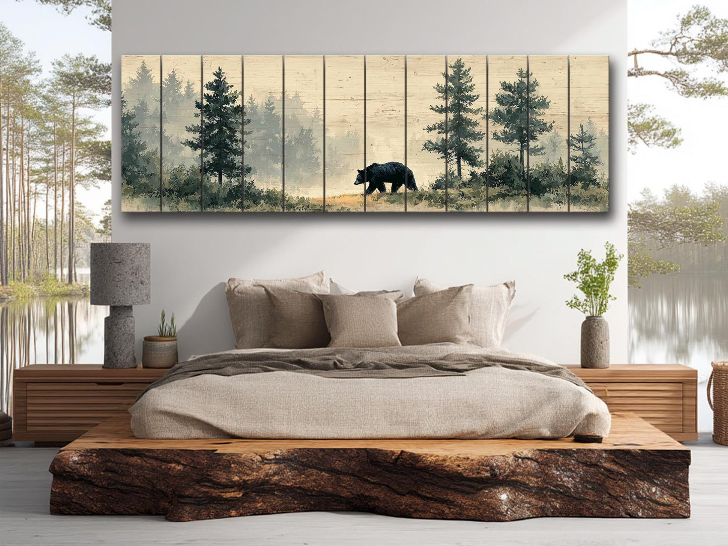 Black Bear Wall Art – Rustic Cabin Decor | Natural Wood Forest Animal Print