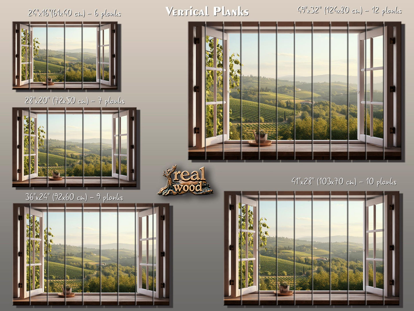 Wood Wall Art - Open Window with Tuscany Landscape Print on Natural Wood, Tuscany Painting, Mountain View in Interior, Italian Wall Art