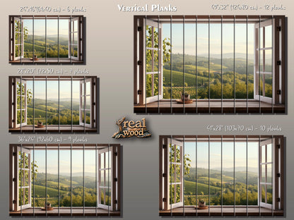 Wood Wall Art - Open Window with Tuscany Landscape Print on Natural Wood, Tuscany Painting, Mountain View in Interior, Italian Wall Art
