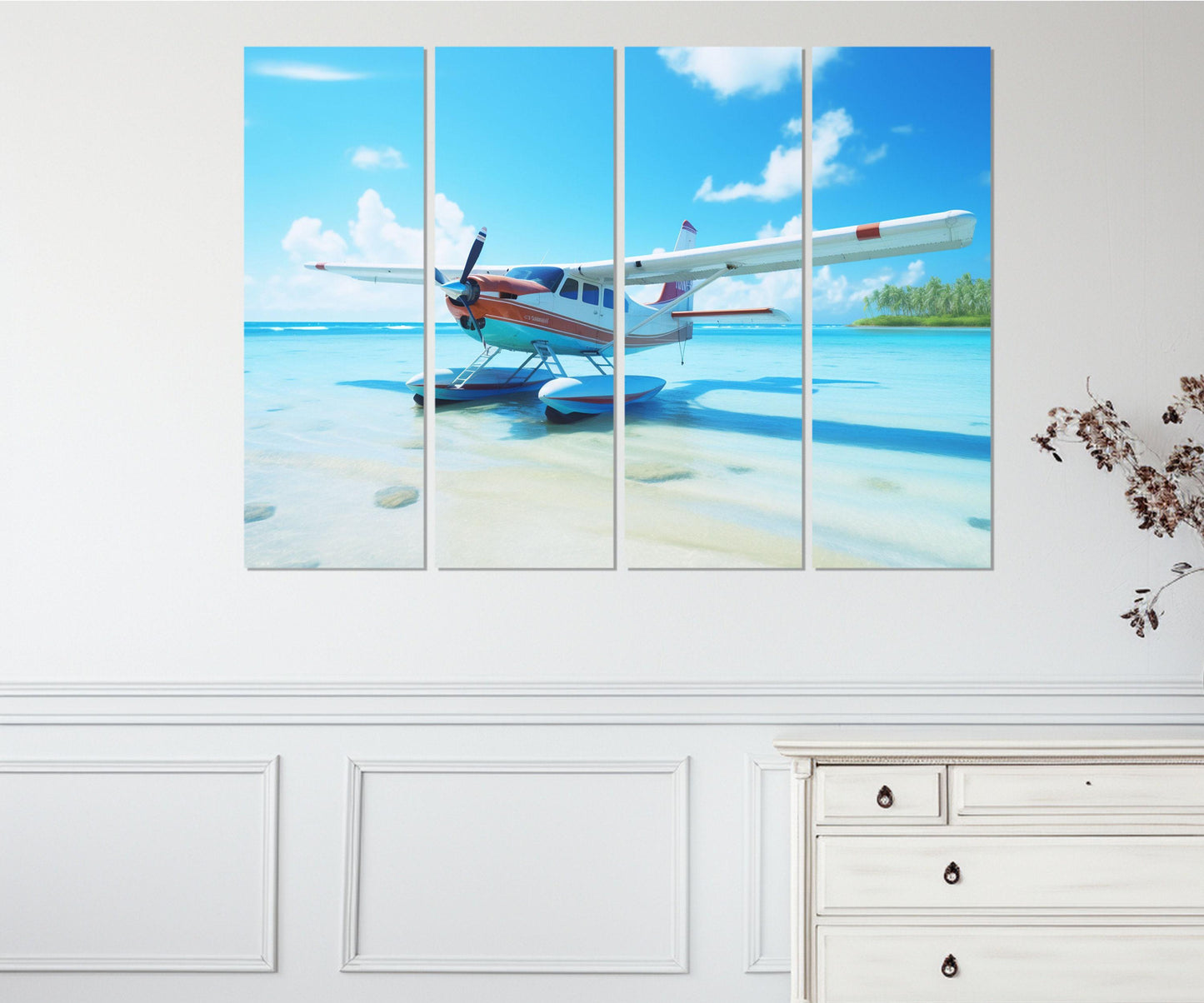 Maldives Beach Canvas Seaplane Wall Art – Framed Floating Frame, Ready to Hang