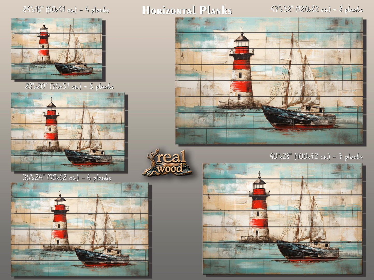Nautical Wall Art – Coastal Wooden Wall Decor with Lighthouse Print & Sailboat Artwork