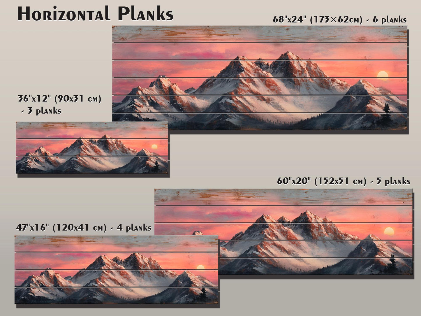 Mountain Landscape at Sunset with Snow-Capped Peaks Print on Natural Wood, Mountains Sunset Painting, Mountains Rustic Wood Wall Art
