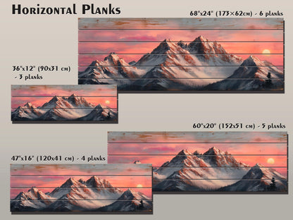 Mountain Landscape at Sunset with Snow-Capped Peaks Print on Natural Wood, Mountains Sunset Painting, Mountains Rustic Wood Wall Art
