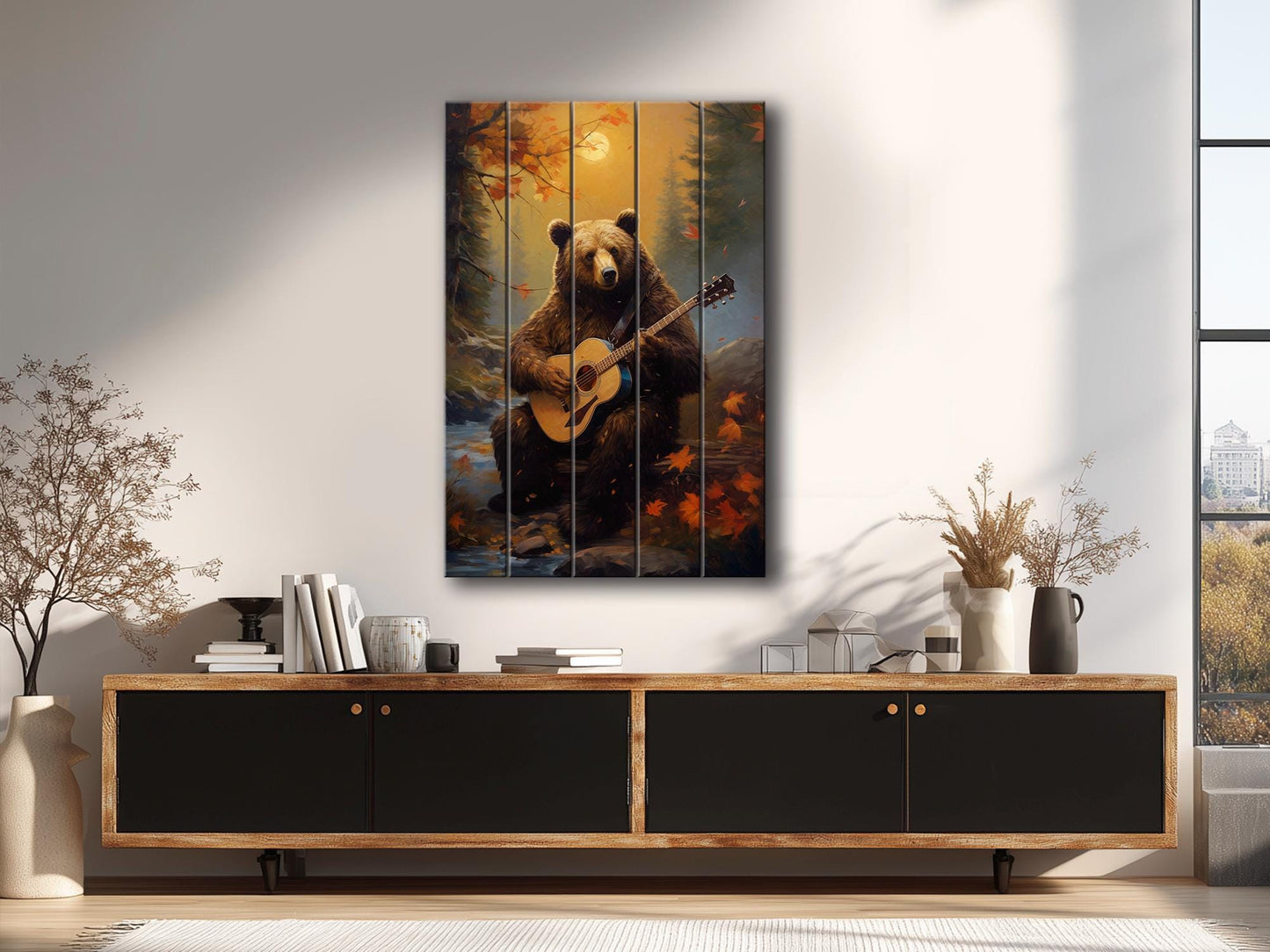 Bear Guitar Wall Art – Rustic Wood Print On Natural Wood Plank Art