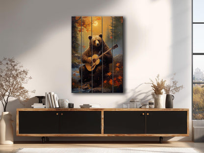 Bear Guitar Wall Art – Rustic Wood Print On Natural Wood Plank Art