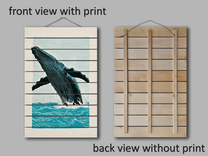 Whale Wood Wall Art – Humpback Linocut Print | Coastal Wood Decor, Ready to Hang