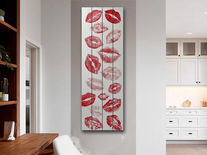 Romantic Wood Wall Art – Red Lips Print Artwork | Rustic Wooden Wall Decor