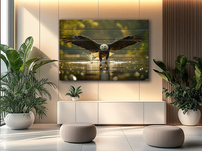 Hunting Eagle Painting Printed on Natural Wood, Birds Hunters Wall Art, Eagle Fishing, Hunter Gift, Wood Wall Art