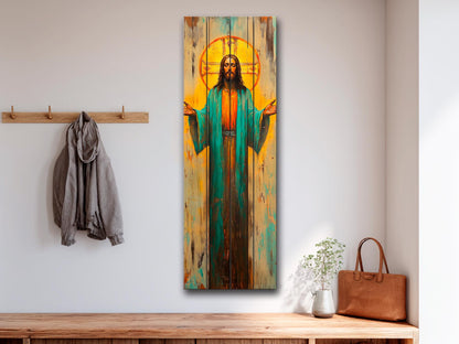 Jesus Christ with Open Arms Painting on Natural Wood – Rustic Religious Print, Christian Wall Decor, Biblical Wall Art, Church Wall Decor
