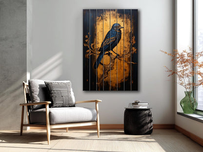 Vintage Blue Songbird Art – Rustic Wall Art on Natural Wood Plank with Fade Resistant Print