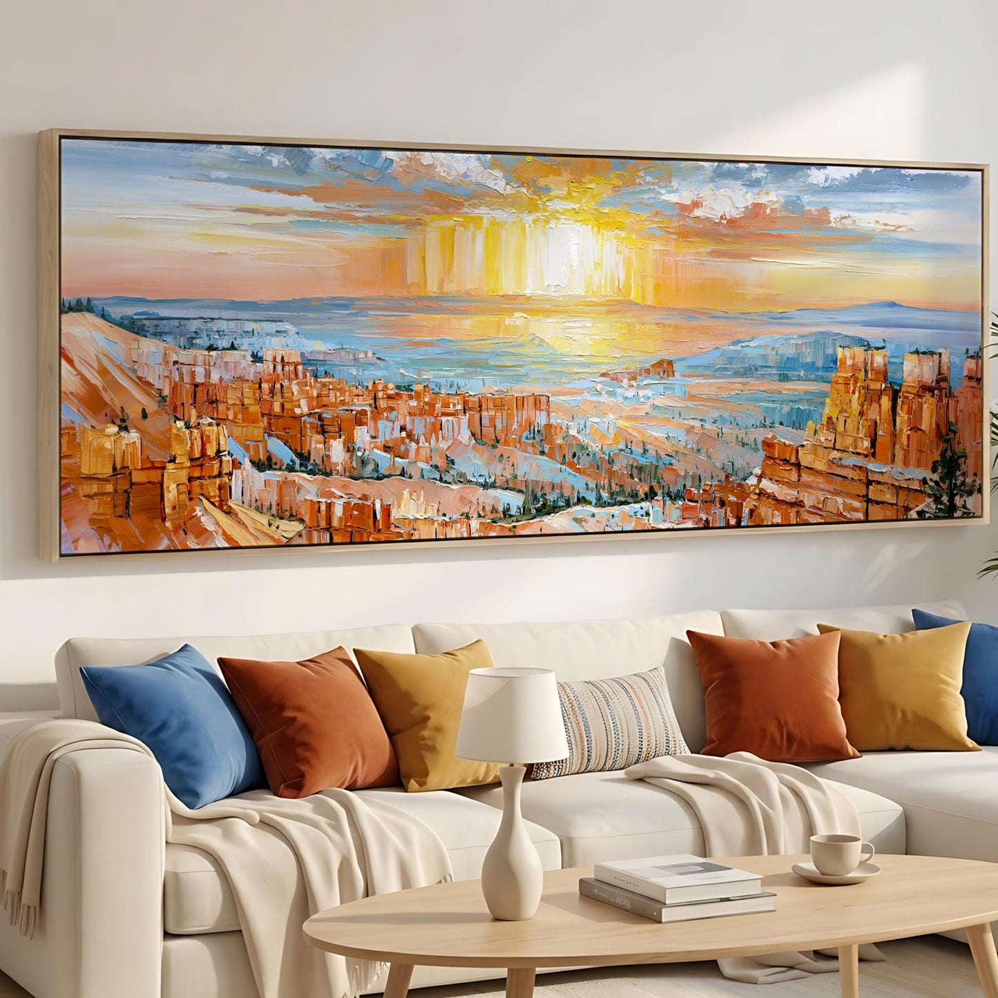 a large, colorful painting of a desert landscape hanging on a wall above a white couch with colorful throw pillows.