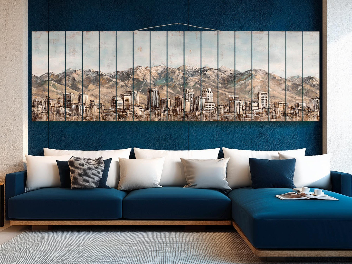 Salt Lake City Wood Print – Rustic Wall Art | Mountain Panoramic Painting On Distressed Wood
