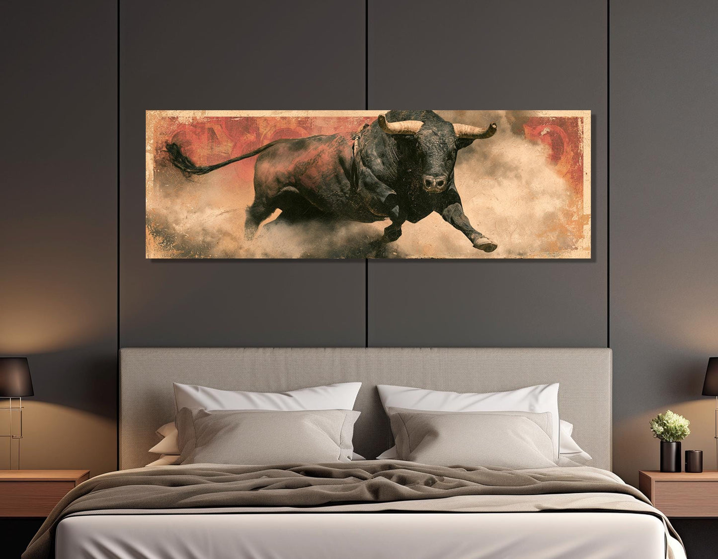 Rodeo Bull Canvas Print, Charging Bull Panorama, Large Western Wall Art, Framed and Ready to Hang