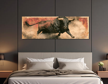 Rodeo Bull Canvas Print, Charging Bull Panorama, Large Western Wall Art, Framed and Ready to Hang