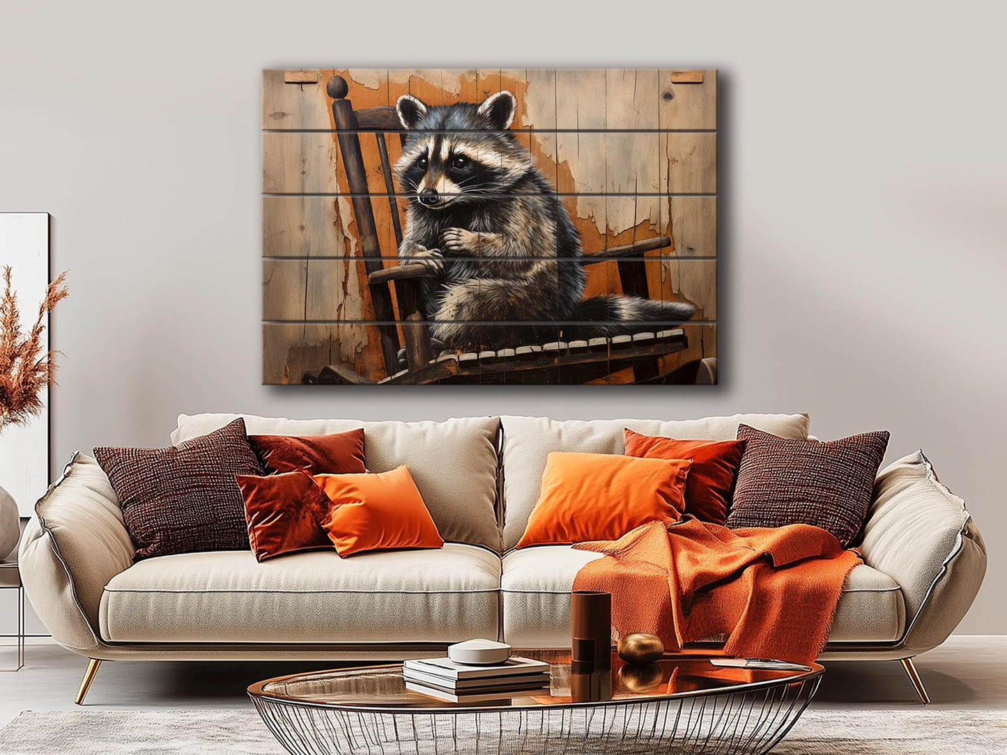 Raccoon Wall Art – Vintage Animal Artwork Printed on Distressed Wood Planks