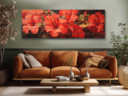 Red Hibiscus Wood Print – Natural Wood Wall Art | Impressionist Floral Decor
