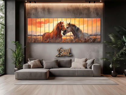 Wood Wall Art – Romantic Horse Couple Painting | Large Wooden Poster Decor