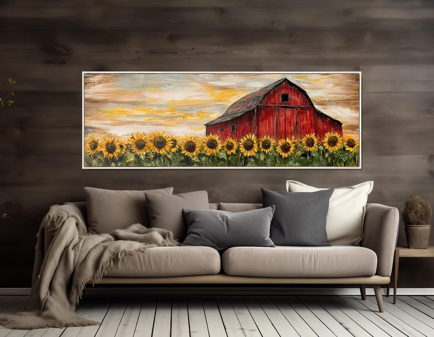 Rustic Farmhouse Wall Art – Sunflower Canvas Print with Old Barn Framed Canvas