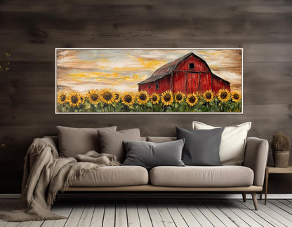 Rustic Farmhouse Wall Art – Sunflower Canvas Print with Old Barn Framed Canvas