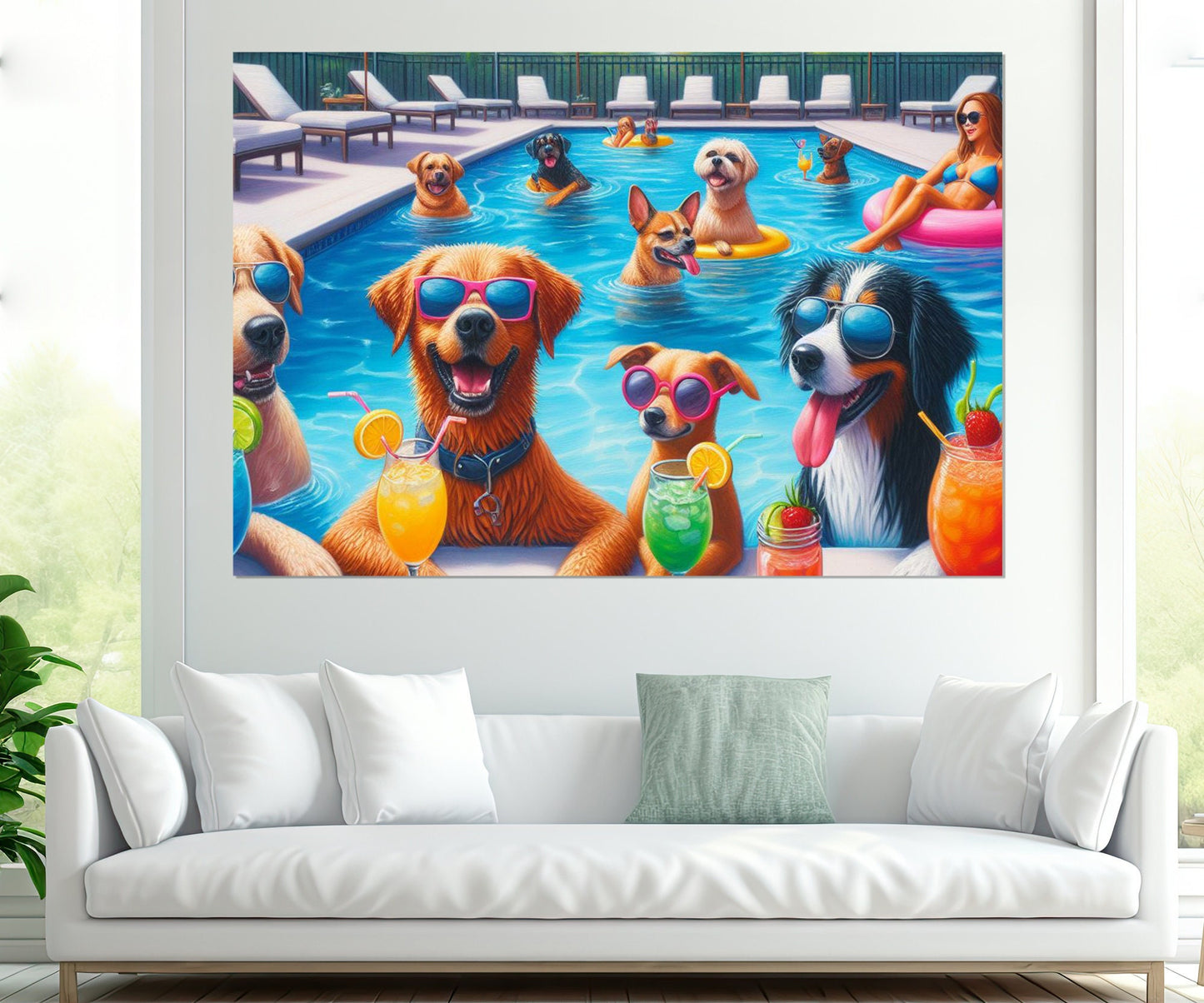 Pool Party Canvas Print - Dogs Pool Party Painting | Framed Cotton Canvas Wall Art