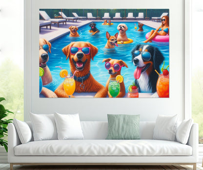 Pool Party Canvas Print - Dogs Pool Party Painting | Framed Cotton Canvas Wall Art