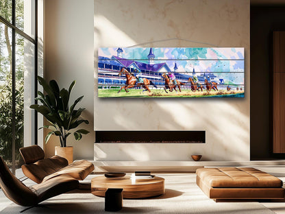Horse Racing Wall Art – Rustic Natural Wood Print | Vibrant Outdoor Sports Decor