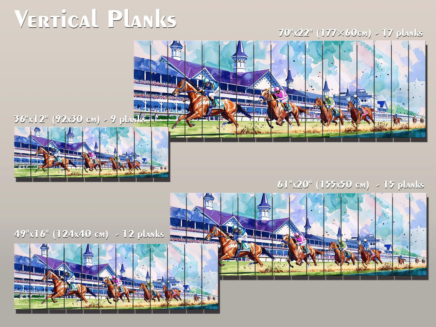 Horse Racing Wall Art – Rustic Natural Wood Print | Vibrant Outdoor Sports Decor