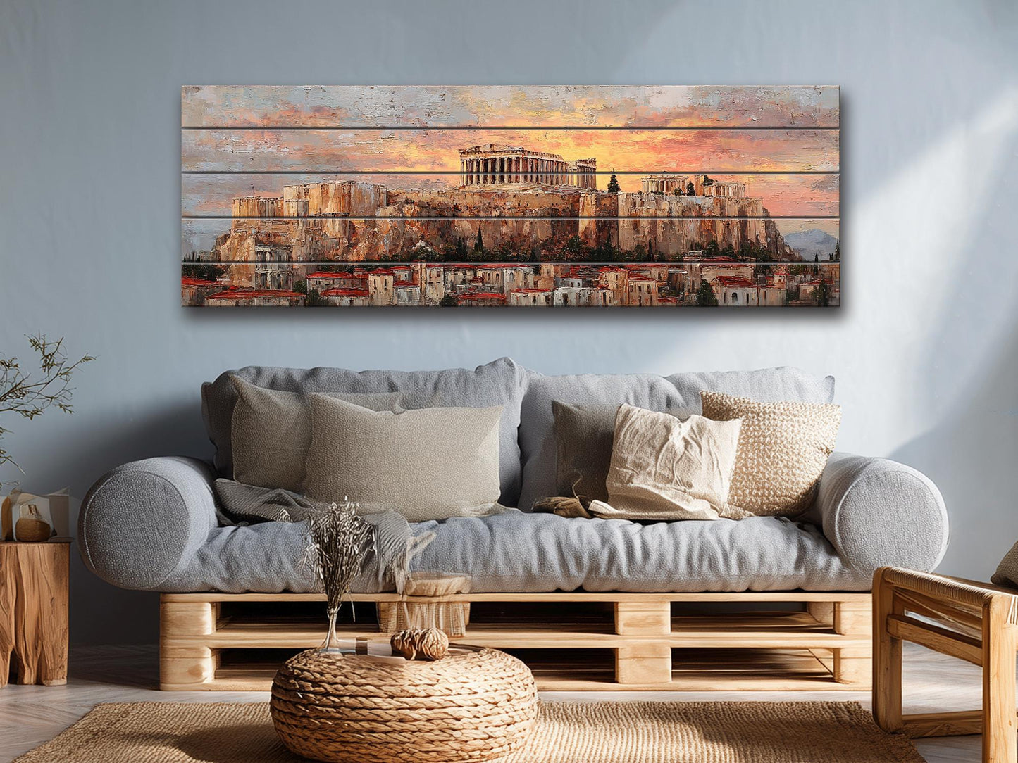 Athens Wood Print – Rustic Wall Art with Acropolis Sunset on Distressed Wood