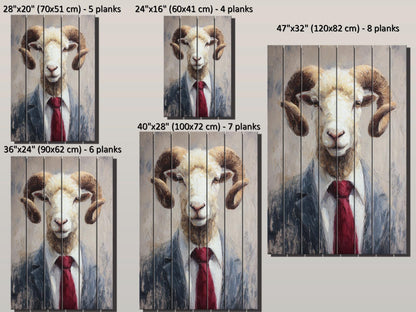 Ram Tie Wood Print – Rustic Animal Wall Art on Natural Wood Panel Decor
