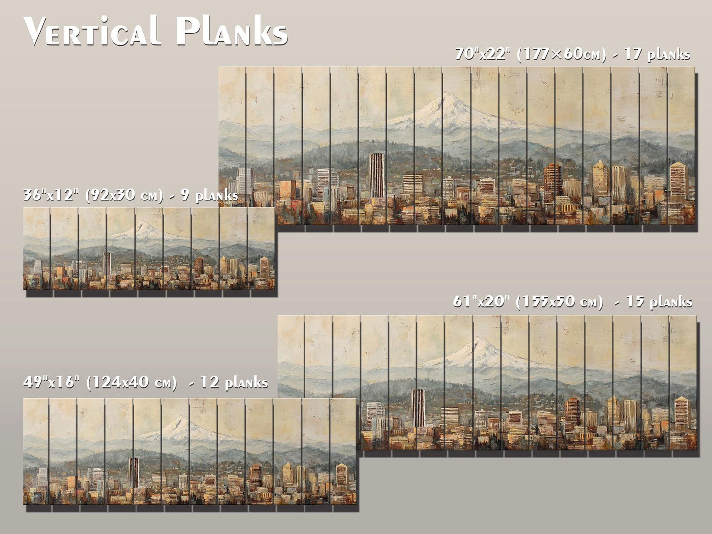 Portland Skyline Wood Print – Rustic Wood Art with Mount Hood Beige Cityscape