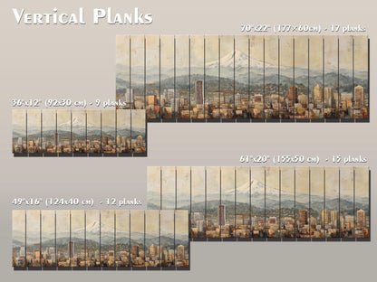 Portland Skyline Wood Print – Rustic Wood Art with Mount Hood Beige Cityscape