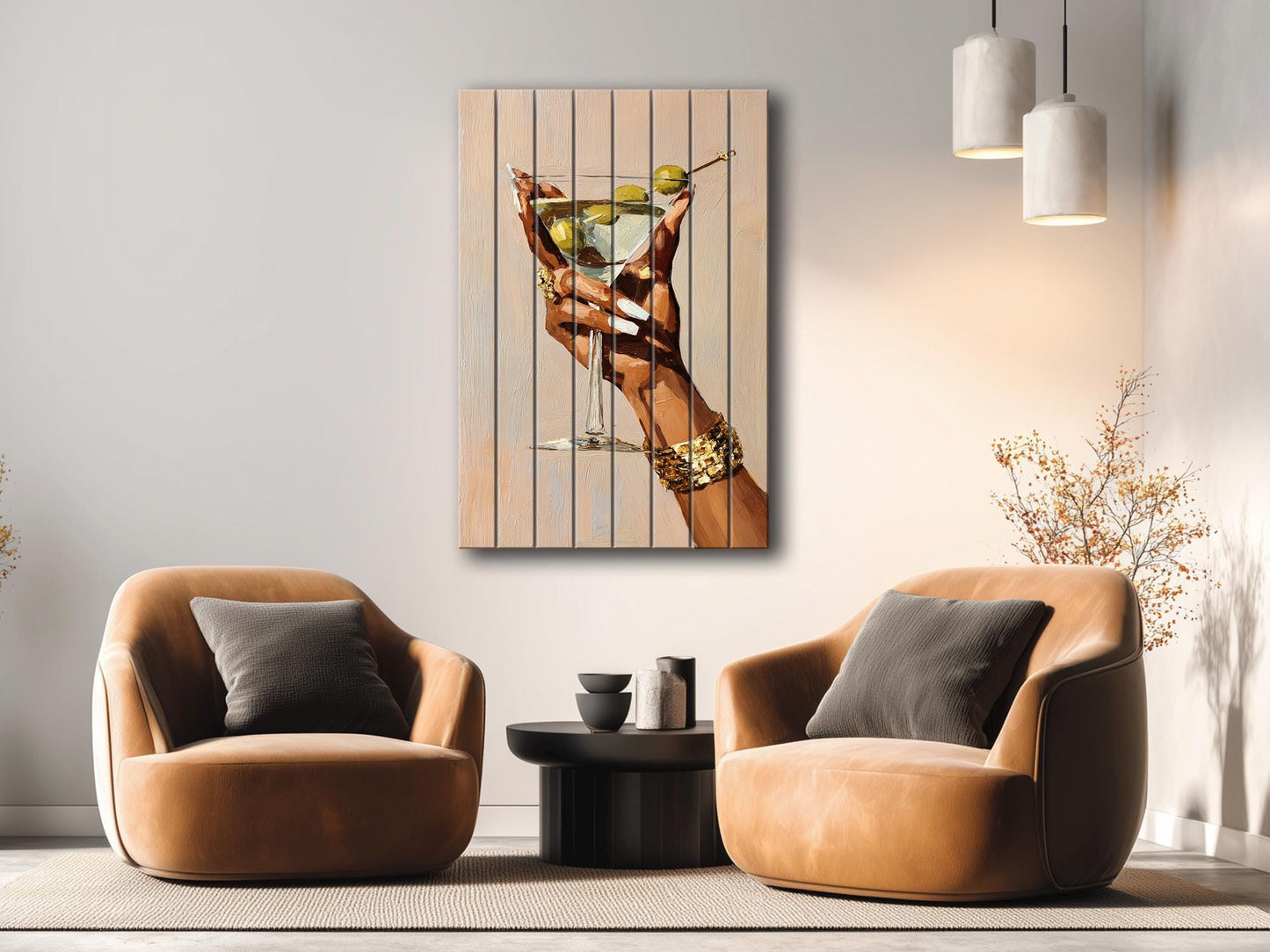 Wood Wall Art – Elegant Martini Glass Artwork on Natural Wood Planks | Minimalist Decor