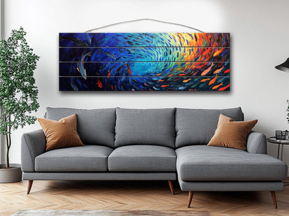 Fishing Wall Art – Colorful School Of Fish Wooden Wall Decor On Natural Wood Print