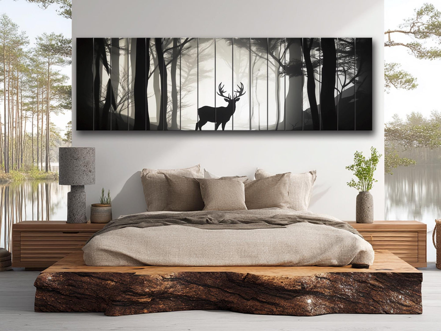 Deer Silhouette in Forest Print On Natural Wood, Woodland Wall Art