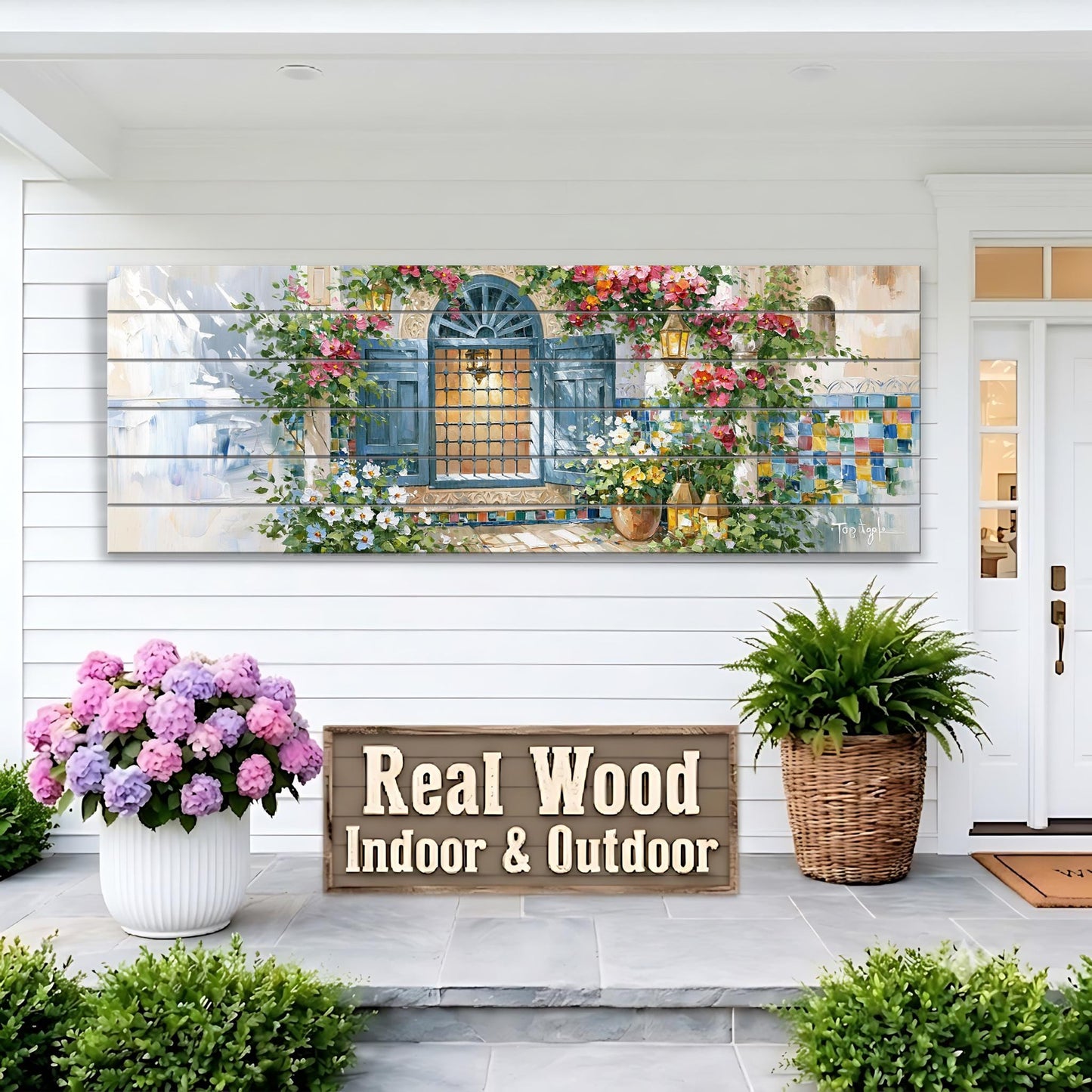 a large wooden sign that reads "Real Wood Indoor & Outdoor", with a painting of a house and flowers displayed on the wall above it. There are also potted plants and a wicker basket on the porch, adding to the overall aesthetic of the scene.