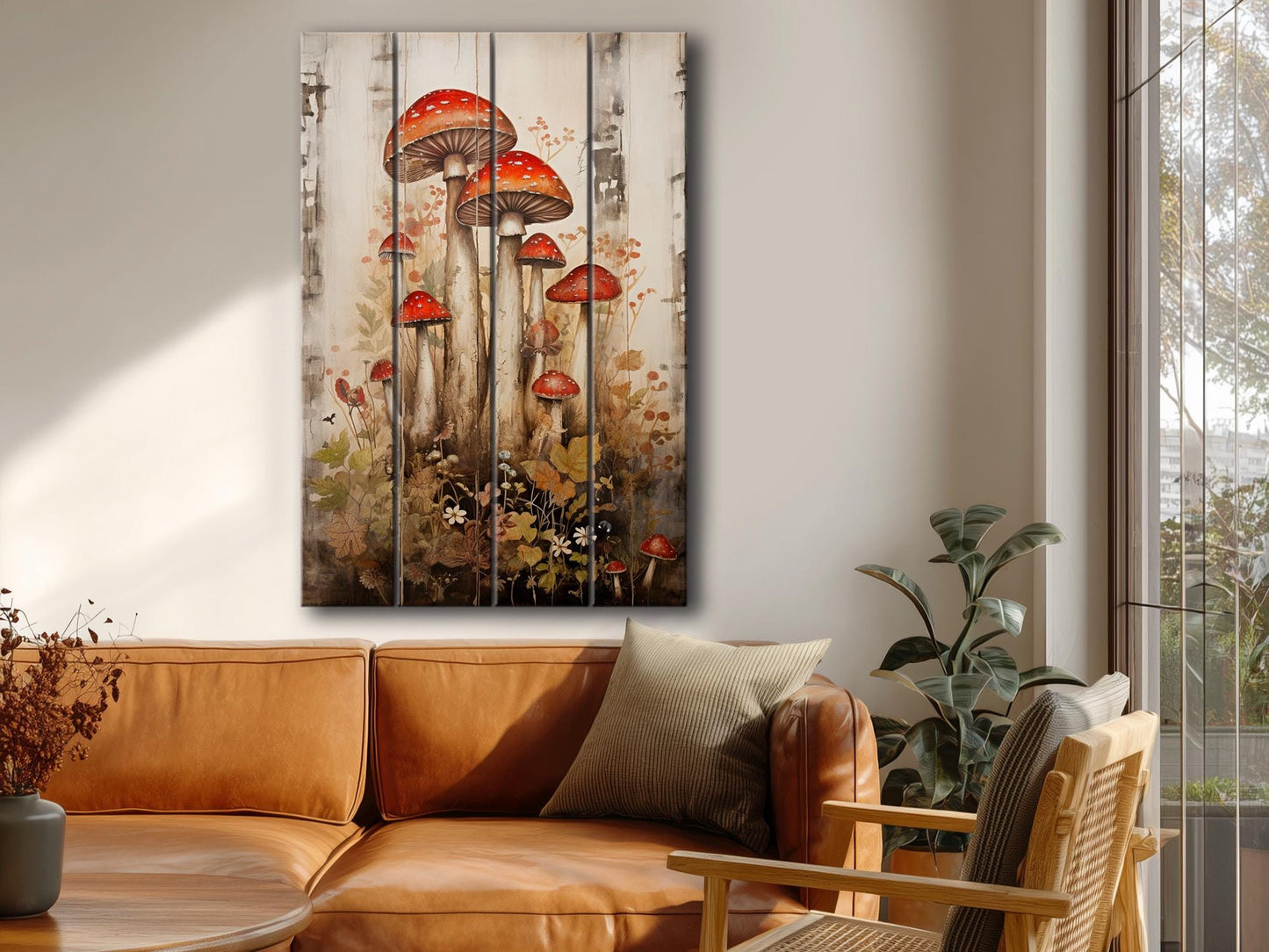 Rustic Wood Wall Art – Mushroom Garden Print on Natural Wood Planks